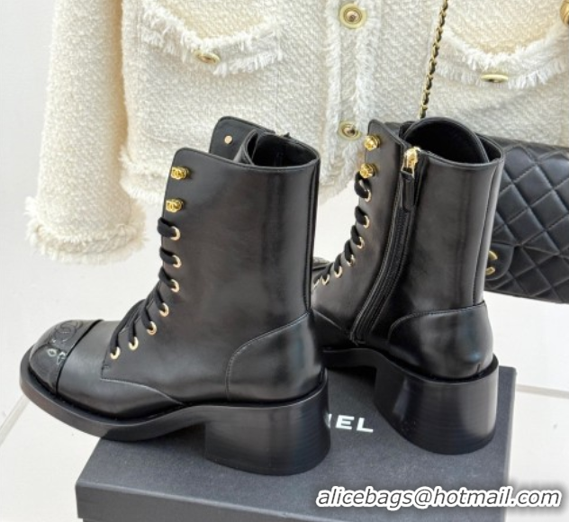 Shop Duplicate Chanel Patent & Calfskin Leather Heel Laced-up Ankle Boots 5cm Black 0830015