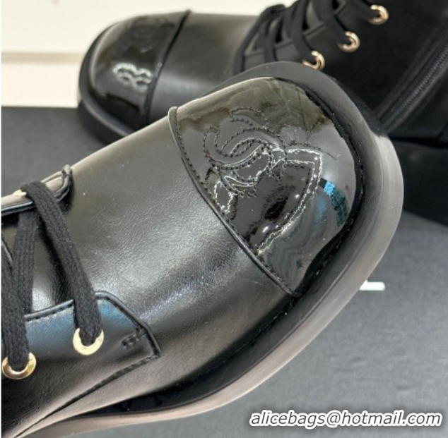Shop Duplicate Chanel Patent & Calfskin Leather Heel Laced-up Ankle Boots 5cm Black 0830015