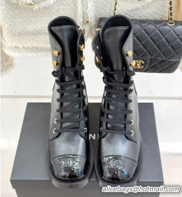 Shop Duplicate Chanel Patent & Calfskin Leather Heel Laced-up Ankle Boots 5cm Black 0830015