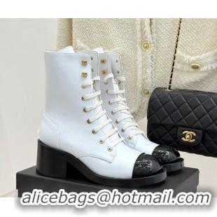 Best Price Chanel Patent & Calfskin Leather Heel Laced-up Ankle Boots 5cm White 0830016