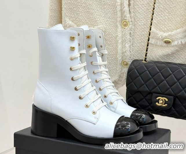Best Price Chanel Patent & Calfskin Leather Heel Laced-up Ankle Boots 5cm White 0830016