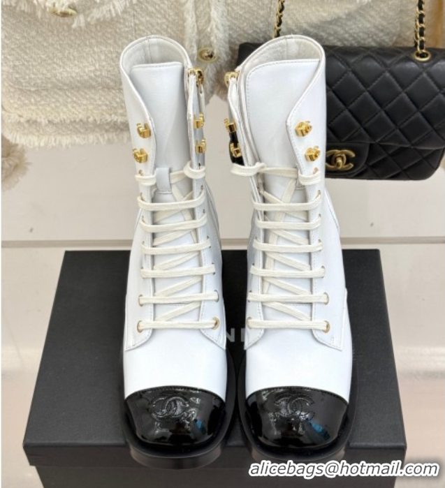 Best Price Chanel Patent & Calfskin Leather Heel Laced-up Ankle Boots 5cm White 0830016
