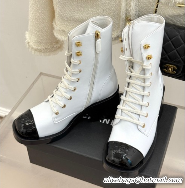 Best Price Chanel Patent & Calfskin Leather Heel Laced-up Ankle Boots 5cm White 0830016