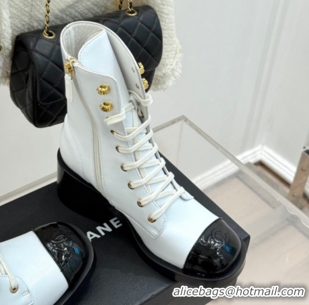 Best Price Chanel Patent & Calfskin Leather Heel Laced-up Ankle Boots 5cm White 0830016
