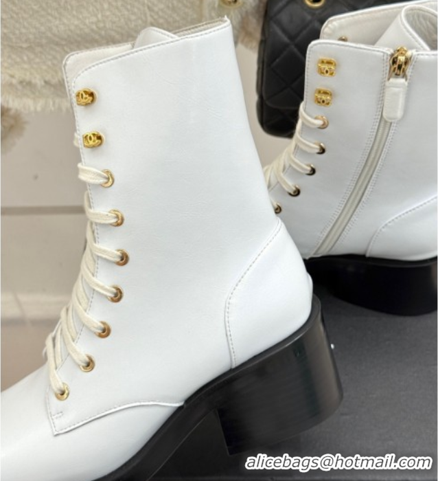 Best Price Chanel Patent & Calfskin Leather Heel Laced-up Ankle Boots 5cm White 0830016