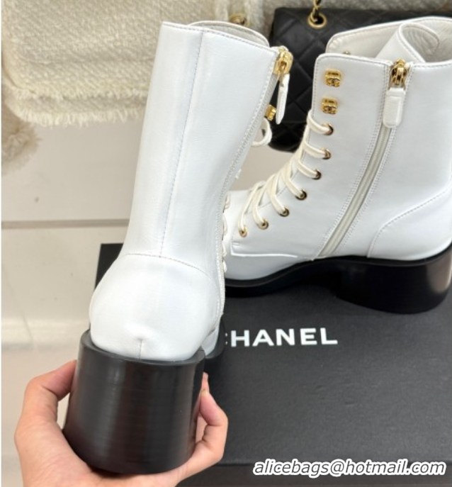 Best Price Chanel Patent & Calfskin Leather Heel Laced-up Ankle Boots 5cm White 0830016