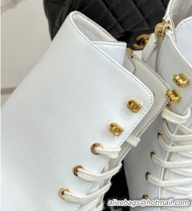 Best Price Chanel Patent & Calfskin Leather Heel Laced-up Ankle Boots 5cm White 0830016