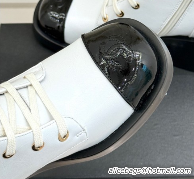 Best Price Chanel Patent & Calfskin Leather Heel Laced-up Ankle Boots 5cm White 0830016