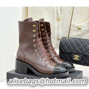 Buy Discount Chanel Patent & Calfskin Leather Heel Laced-up Ankle Boots 5cm Brown 2025 CH083003