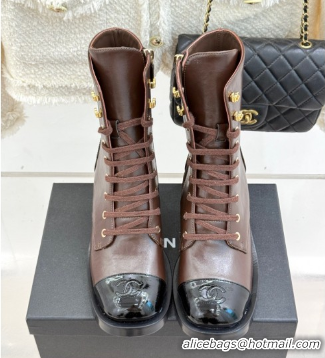 Buy Discount Chanel Patent & Calfskin Leather Heel Laced-up Ankle Boots 5cm Brown 2025 CH083003