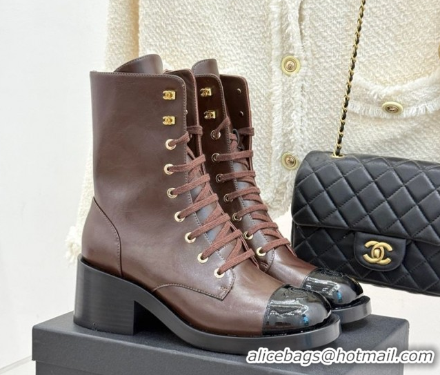 Buy Discount Chanel Patent & Calfskin Leather Heel Laced-up Ankle Boots 5cm Brown 2025 CH083003