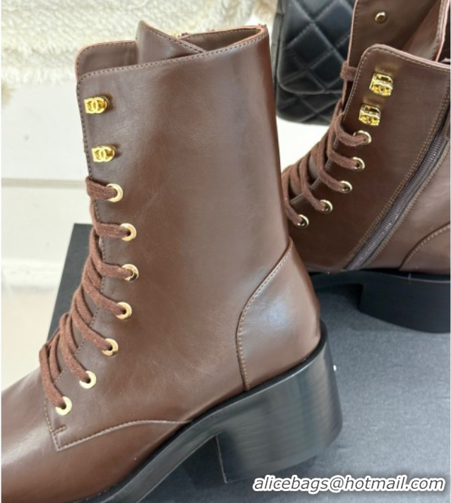 Buy Discount Chanel Patent & Calfskin Leather Heel Laced-up Ankle Boots 5cm Brown 2025 CH083003
