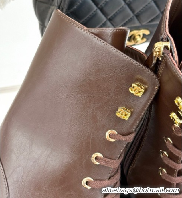 Buy Discount Chanel Patent & Calfskin Leather Heel Laced-up Ankle Boots 5cm Brown 2025 CH083003