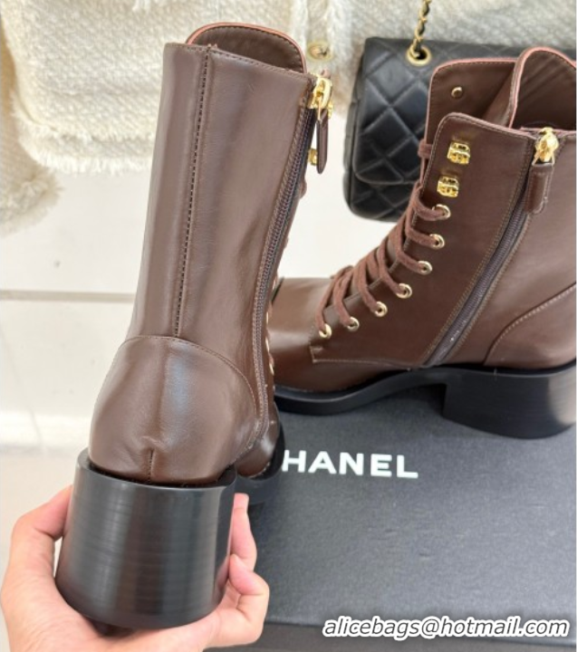 Buy Discount Chanel Patent & Calfskin Leather Heel Laced-up Ankle Boots 5cm Brown 2025 CH083003