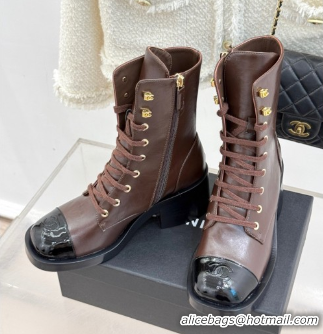 Buy Discount Chanel Patent & Calfskin Leather Heel Laced-up Ankle Boots 5cm Brown 2025 CH083003