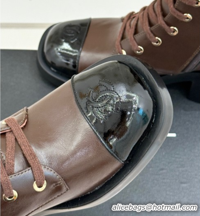 Buy Discount Chanel Patent & Calfskin Leather Heel Laced-up Ankle Boots 5cm Brown 2025 CH083003