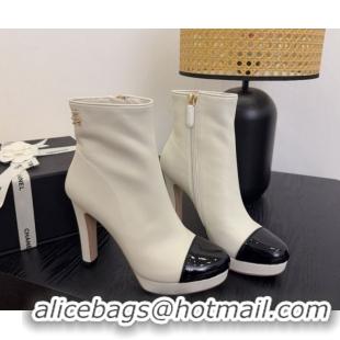 Expensive Chanel Lambskin & Patent Leather Heel Platform Ankle Boots White 2025 CH083004