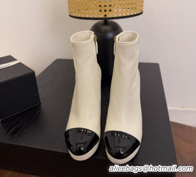 Expensive Chanel Lambskin & Patent Leather Heel Platform Ankle Boots White 2025 CH083004