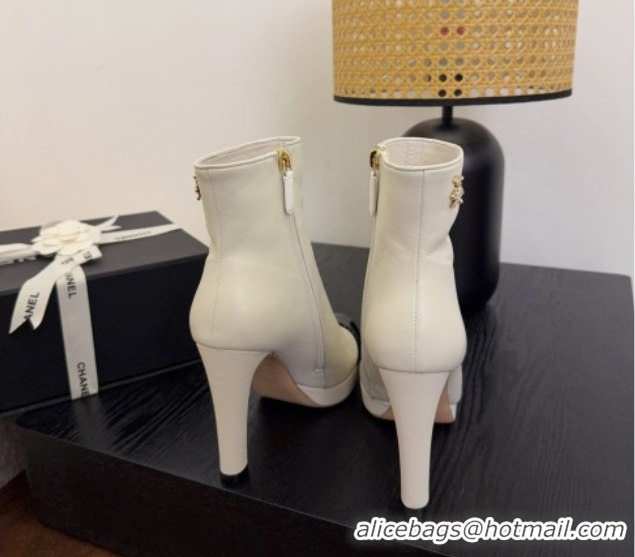 Expensive Chanel Lambskin & Patent Leather Heel Platform Ankle Boots White 2025 CH083004