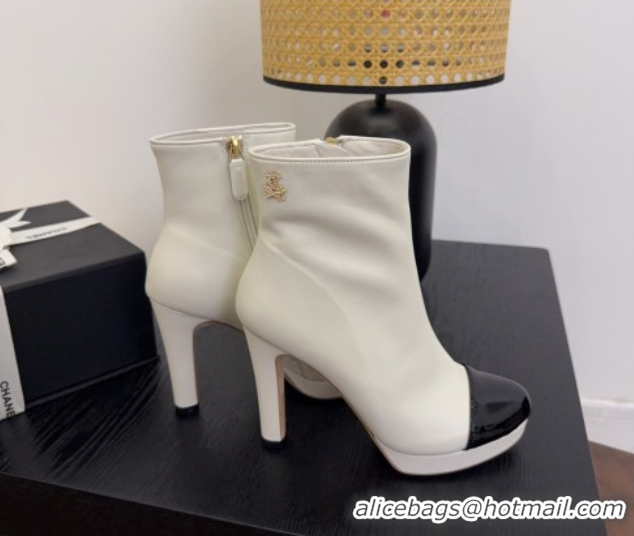 Expensive Chanel Lambskin & Patent Leather Heel Platform Ankle Boots White 2025 CH083004