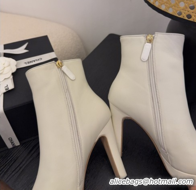 Expensive Chanel Lambskin & Patent Leather Heel Platform Ankle Boots White 2025 CH083004