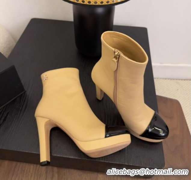Fashion Chanel Lambskin & Patent Leather Heel Platform Ankle Boots Beige 2025 CH083004