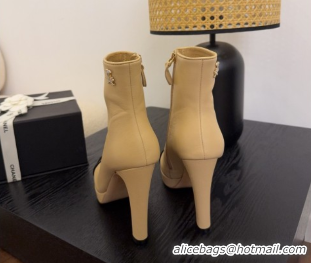 Fashion Chanel Lambskin & Patent Leather Heel Platform Ankle Boots Beige 2025 CH083004