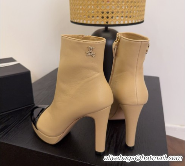 Fashion Chanel Lambskin & Patent Leather Heel Platform Ankle Boots Beige 2025 CH083004
