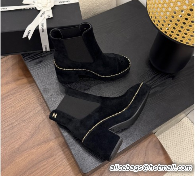 Perfect Chanel Suede Heel Platform Ankle Boots with Chain Black 2025 CH083005
