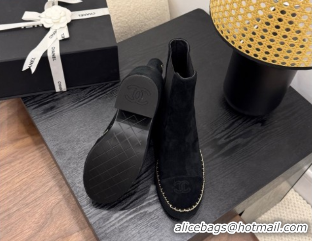 Perfect Chanel Suede Heel Platform Ankle Boots with Chain Black 2025 CH083005