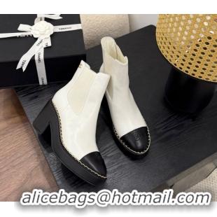 Shop Duplicate Chanel Calfskin Leather Heel Platform Ankle Boots with Chain White 2025 CH083005