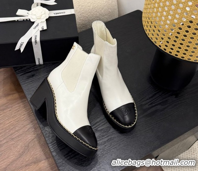 Shop Duplicate Chanel Calfskin Leather Heel Platform Ankle Boots with Chain White 2025 CH083005