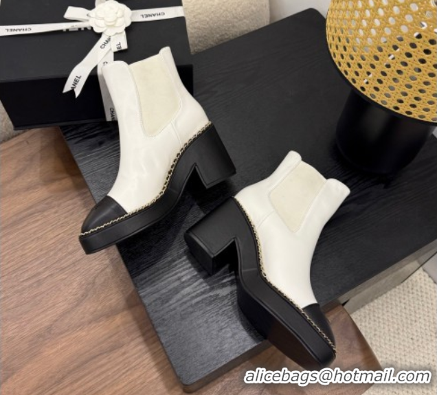 Shop Duplicate Chanel Calfskin Leather Heel Platform Ankle Boots with Chain White 2025 CH083005