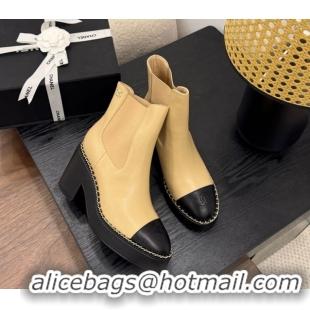 Low Cost Chanel Calfskin Leather Heel Platform Ankle Boots with Chain Beige Yellow 2025 CH083005