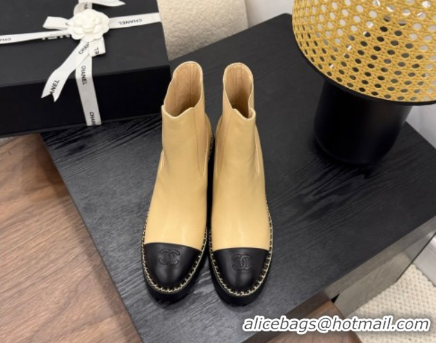 Low Cost Chanel Calfskin Leather Heel Platform Ankle Boots with Chain Beige Yellow 2025 CH083005
