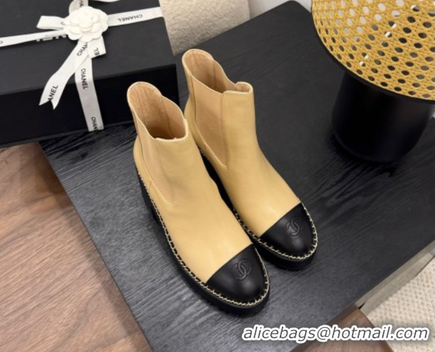 Low Cost Chanel Calfskin Leather Heel Platform Ankle Boots with Chain Beige Yellow 2025 CH083005