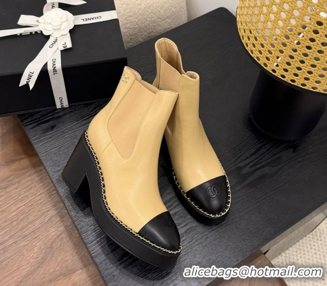 Low Cost Chanel Calfskin Leather Heel Platform Ankle Boots with Chain Beige Yellow 2025 CH083005