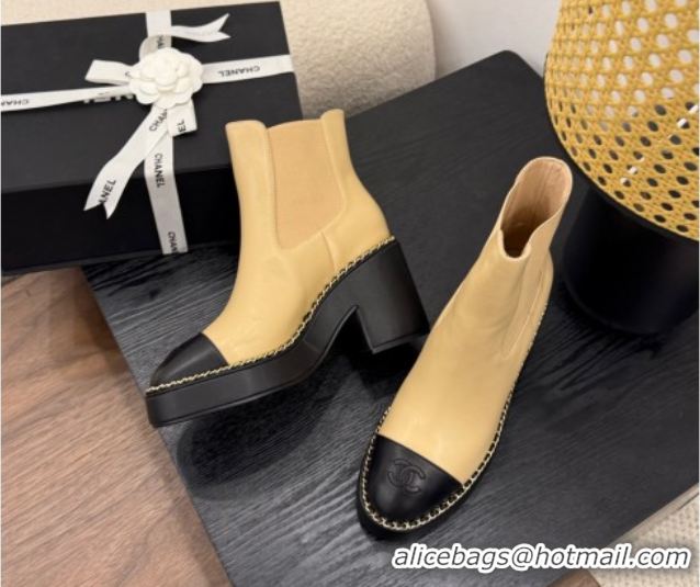 Low Cost Chanel Calfskin Leather Heel Platform Ankle Boots with Chain Beige Yellow 2025 CH083005