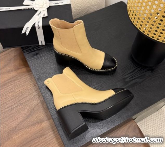Low Cost Chanel Calfskin Leather Heel Platform Ankle Boots with Chain Beige Yellow 2025 CH083005