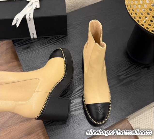 Low Cost Chanel Calfskin Leather Heel Platform Ankle Boots with Chain Beige Yellow 2025 CH083005