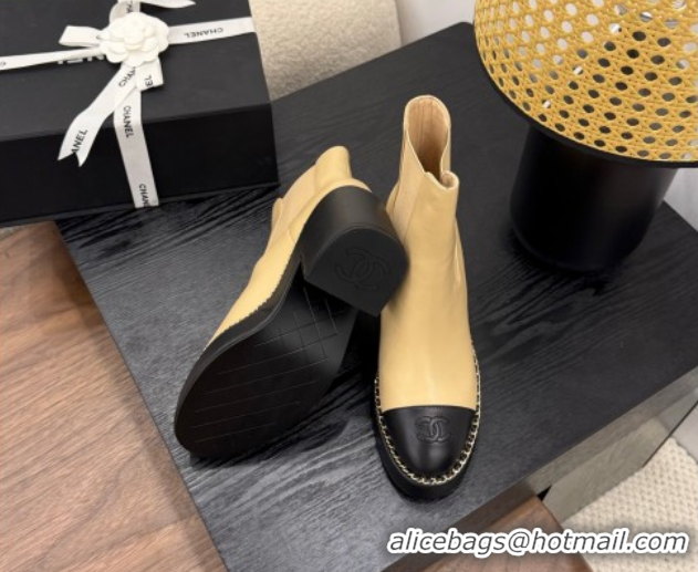 Low Cost Chanel Calfskin Leather Heel Platform Ankle Boots with Chain Beige Yellow 2025 CH083005