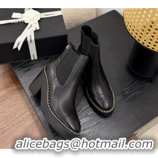 Shop Cheap Chanel Calfskin Leather Heel Platform Ankle Boots with Chain Black 2025 CH083005