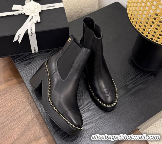 Shop Cheap Chanel Calfskin Leather Heel Platform Ankle Boots with Chain Black 2025 CH083005