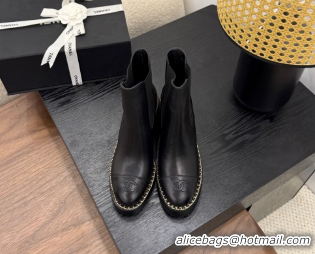 Shop Cheap Chanel Calfskin Leather Heel Platform Ankle Boots with Chain Black 2025 CH083005