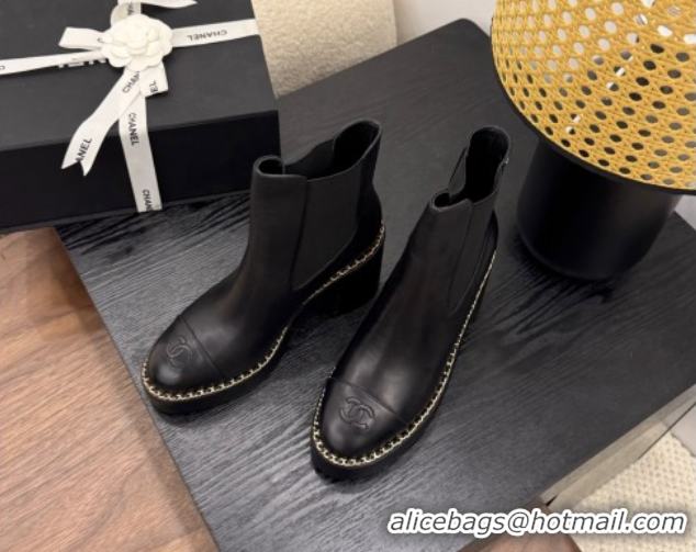 Shop Cheap Chanel Calfskin Leather Heel Platform Ankle Boots with Chain Black 2025 CH083005