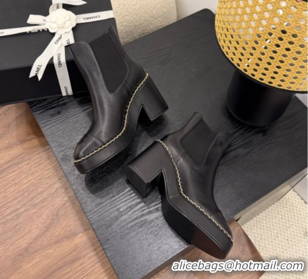 Shop Cheap Chanel Calfskin Leather Heel Platform Ankle Boots with Chain Black 2025 CH083005