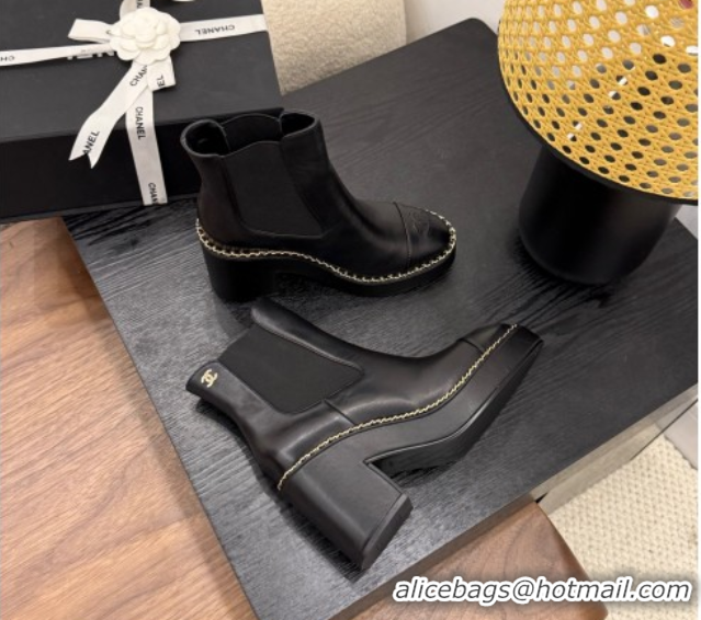 Shop Cheap Chanel Calfskin Leather Heel Platform Ankle Boots with Chain Black 2025 CH083005