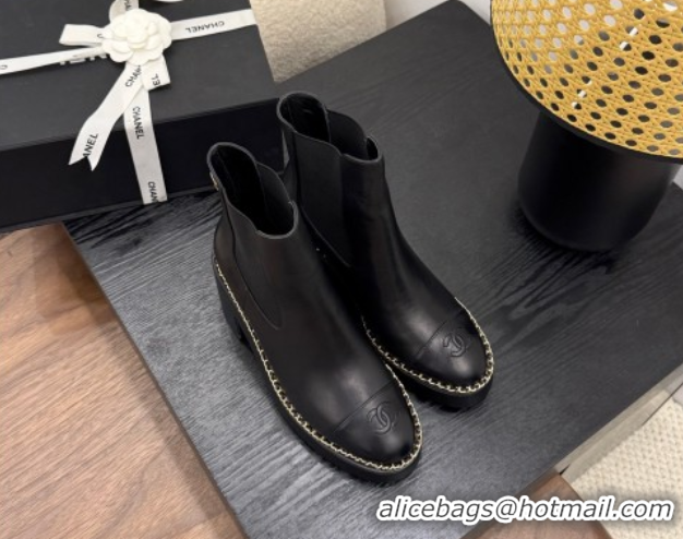 Shop Cheap Chanel Calfskin Leather Heel Platform Ankle Boots with Chain Black 2025 CH083005