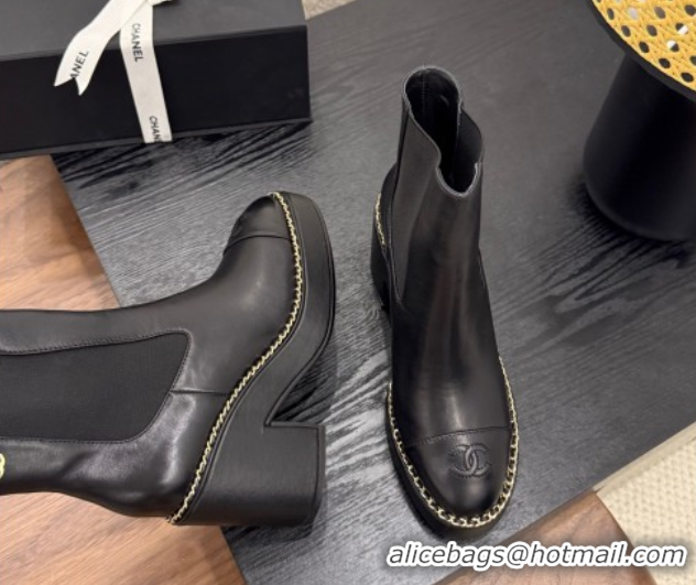 Shop Cheap Chanel Calfskin Leather Heel Platform Ankle Boots with Chain Black 2025 CH083005