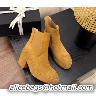 Unique Style Chanel Suede Heel Platform Ankle Boots with Chain Brown 2025 CH083005